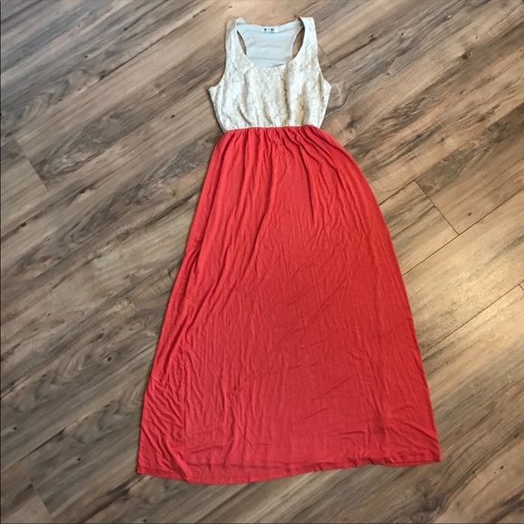 Cream and Coral lace maxi dress with lace top - Picture 2 of 3